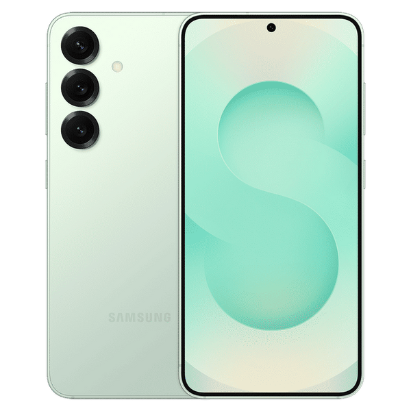 Samsung Galaxy S25 5G phone with triple rear cameras and infinity display in light green color