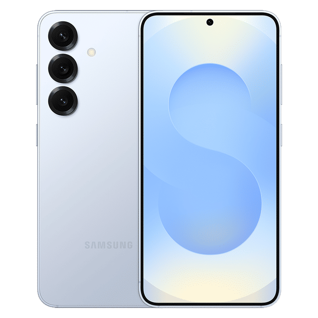 Samsung Galaxy S25 5G phone in silver showing front display and triple rear cameras