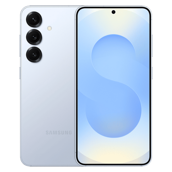 Samsung Galaxy S25 5G phone in silver showing front display and triple rear cameras