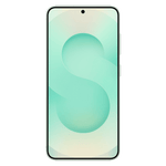Front view of Samsung Galaxy S25 5G Mint smartphone with edge-to-edge display and centered front camera