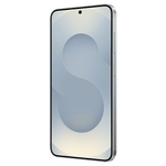 Samsung Galaxy S25 5G phone with sleek silver frame and edge-to-edge display showing minimalistic design