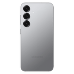 Silver Samsung Galaxy S25 5G smartphone showing back with triple camera setup and sleek design
