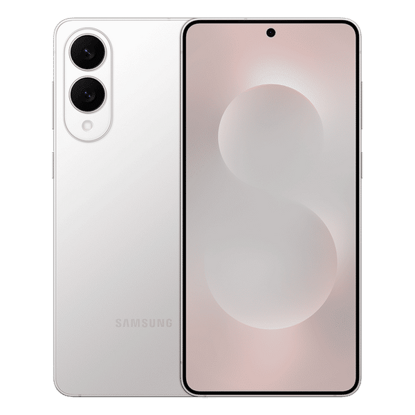 Samsung Galaxy S25 Edge 5G smartphone in white showing front display and dual rear cameras