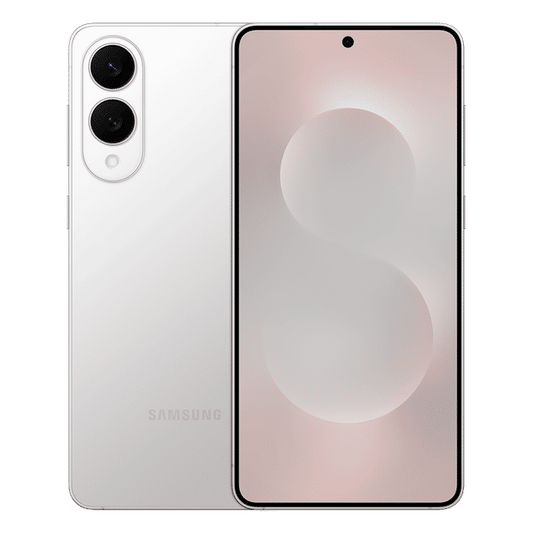 Samsung Galaxy S25 Edge 5G smartphone in white showing front display and dual rear cameras