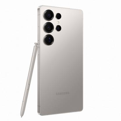 Samsung Galaxy S25 Ultra 5G phone in silver with triple rear cameras and included stylus pen