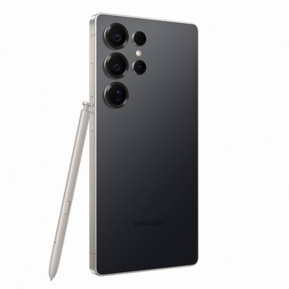 Samsung Galaxy S25 Ultra 5G phone in black with multiple rear cameras and stylus pen