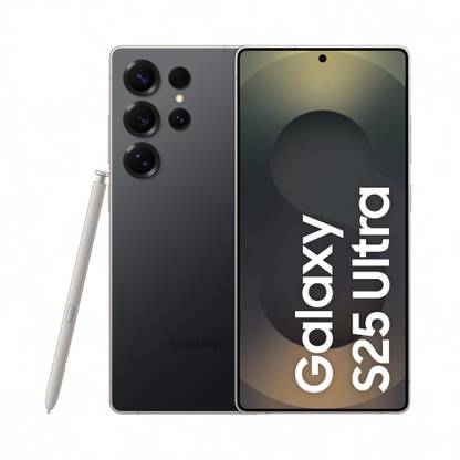 Samsung Galaxy S25 Ultra 5G phone in black with large camera array and included stylus pen