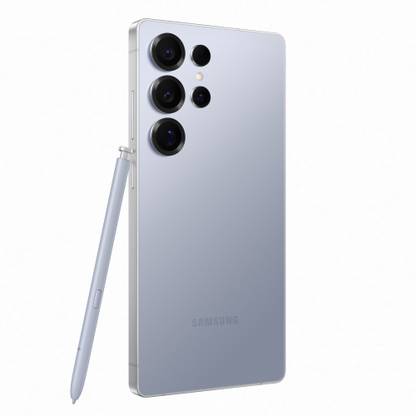 Samsung Galaxy S25 Ultra 5G phone in silver with triple rear cameras and stylus pen