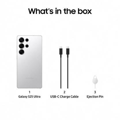 Samsung Galaxy S25 Ultra 5G phone with two USB-C charge cables and an ejection pin included in the box
