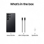Samsung Galaxy S25 Ultra 5G phone with USB-C charge cables and SIM card ejection pin included in box