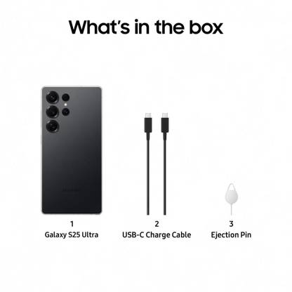 Samsung Galaxy S25 Ultra 5G phone with USB-C charge cables and SIM card ejection pin included in box