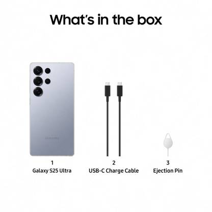 Samsung Galaxy S25 Ultra 5G phone with USB-C charge cable and ejection pin accessories in the box