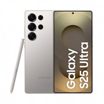 Samsung Galaxy S25 Ultra 5G phone in silver with stylus pen and large display with centered hole punch camera