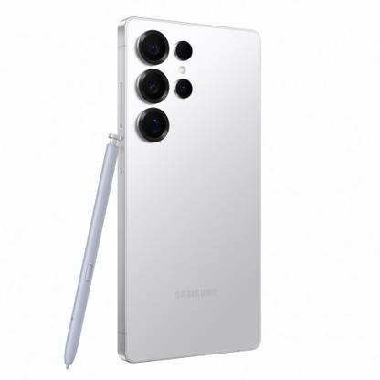 Samsung Galaxy S25 Ultra 5G in white with multiple rear cameras and accompanying stylus pen