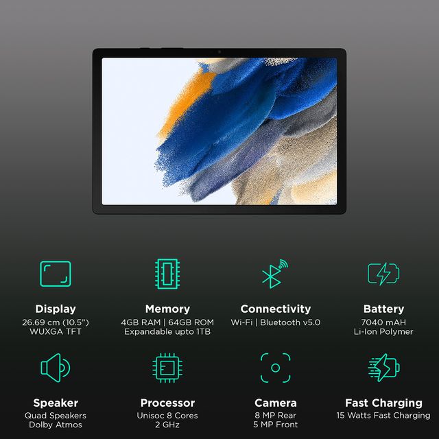 Samsung Galaxy Tab A8 tablet with 10.5 inch display and multimedia features shown on screen