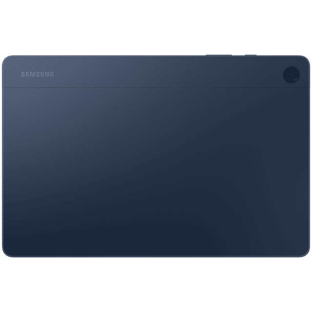Back view of Samsung Galaxy Tab A9 Plus tablet in dark blue showing camera and Samsung logo