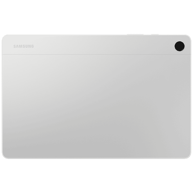 Back view of Samsung Galaxy Tab A9 Plus tablet in silver with rear camera and Samsung logo