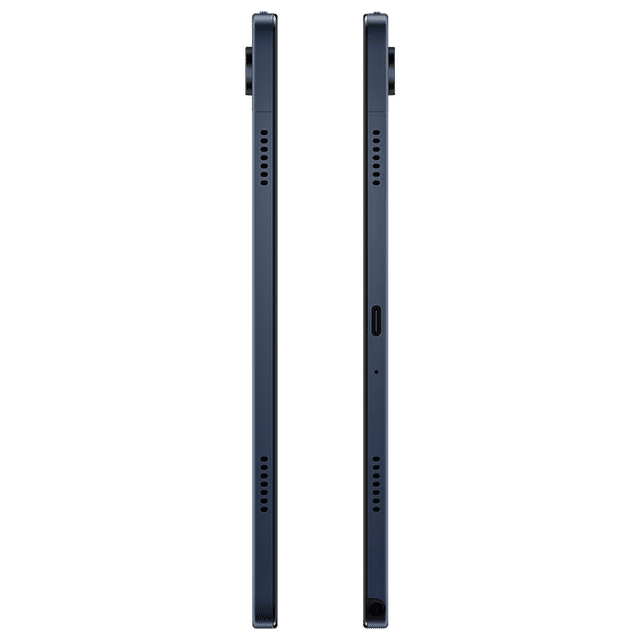 Side view of Samsung Galaxy Tab A9 Plus tablet showing slim design and speaker grills