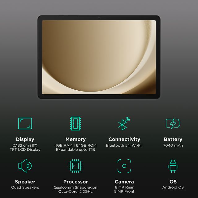 Samsung Galaxy Tab A9 Plus tablet with 11 inch display, quad speakers, Snapdragon processor, and Android OS