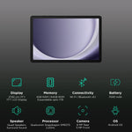 Samsung Galaxy Tab A9 Plus tablet front view with display and key features icons below