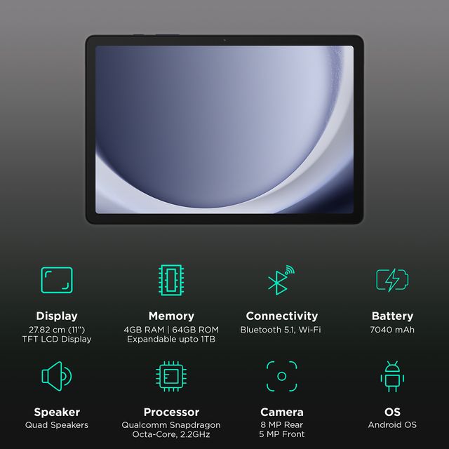 Samsung Galaxy Tab A9 Plus tablet with 11 inch TFT LCD display and quad speakers