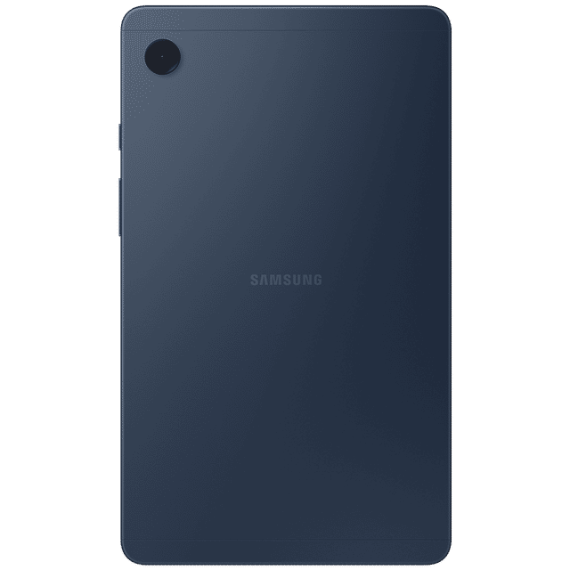 Back view of Samsung Galaxy Tab A9 tablet in dark blue showing rear camera and Samsung logo