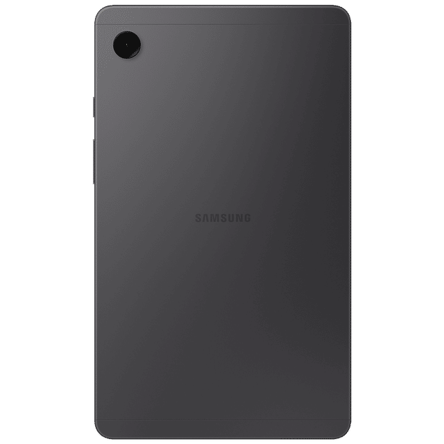 Back view of Samsung Galaxy Tab A9 tablet in black showing rear camera and Samsung logo