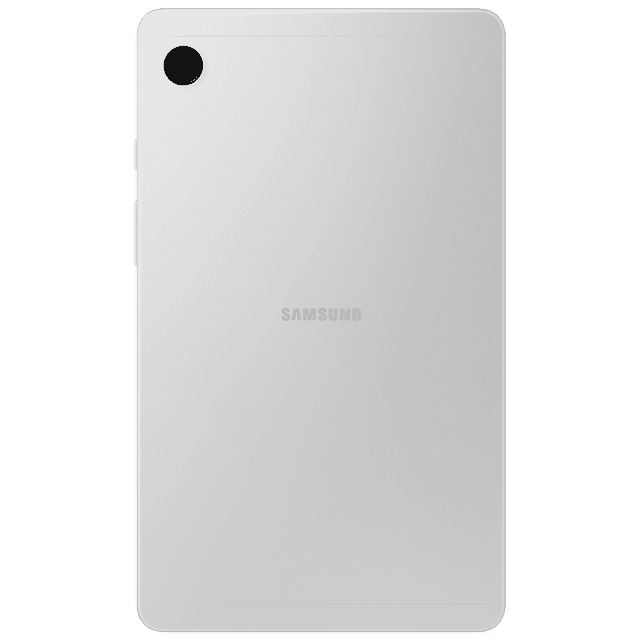 Back view of Samsung Galaxy Tab A9 tablet in silver showing camera and Samsung logo