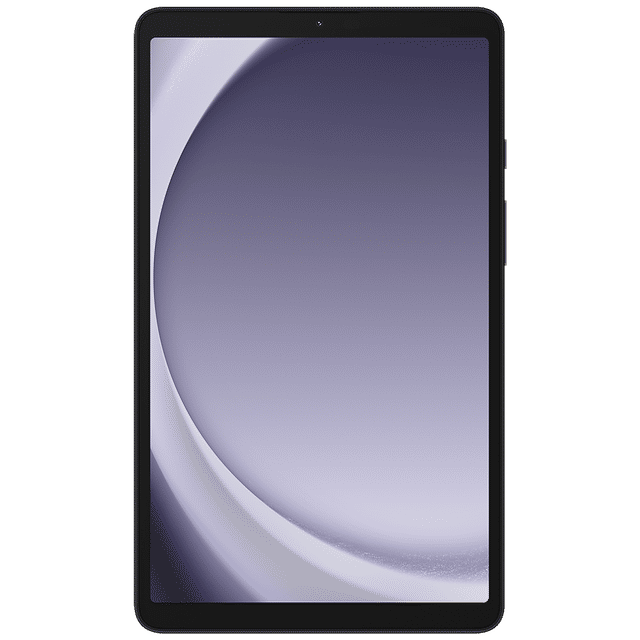 Front view of Samsung Galaxy Tab A9 tablet with a sleek black frame and purple abstract wallpaper