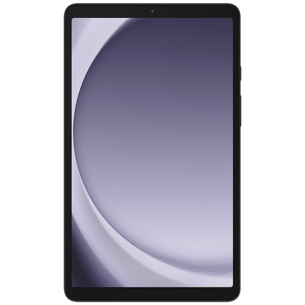 Front view of Samsung Galaxy Tab A9 tablet with a sleek black frame and purple abstract wallpaper