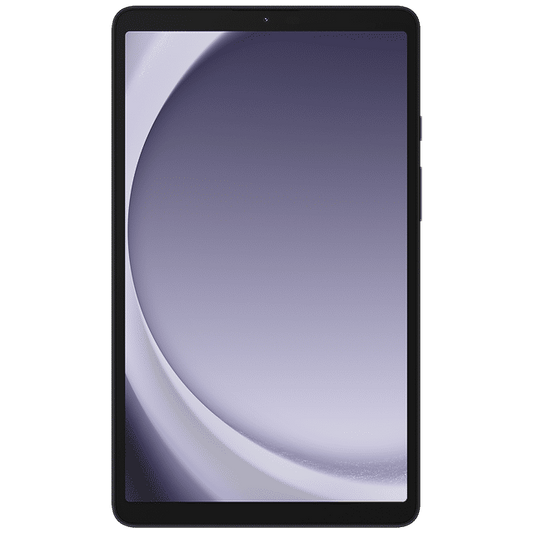 Front view of Samsung Galaxy Tab A9 tablet with a sleek black frame and purple abstract wallpaper