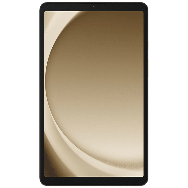 Front view of Samsung Galaxy Tab A9 tablet with black bezel and a beige abstract wallpaper