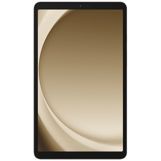 Front view of Samsung Galaxy Tab A9 tablet with black bezel and a beige abstract wallpaper
