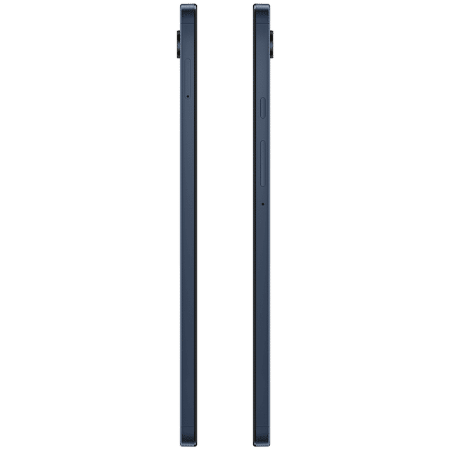 Side profile view of Samsung Galaxy Tab A9 tablet showing slim design in dark blue color