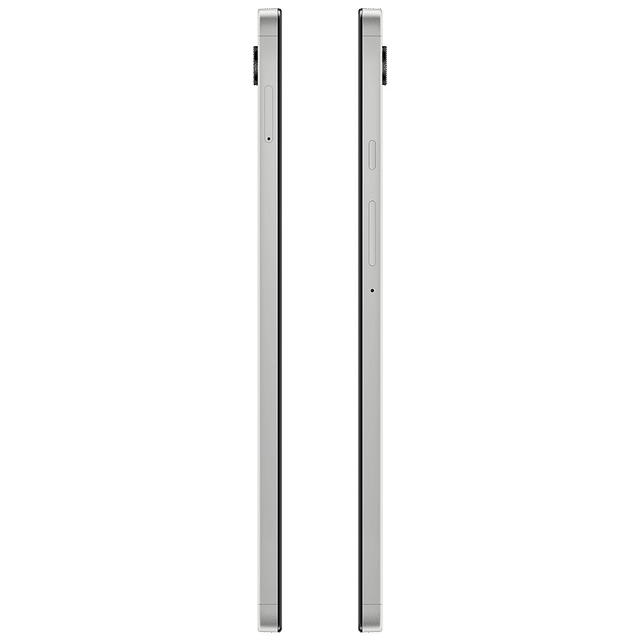 Side view of Samsung Galaxy Tab A9 tablet showing slim silver edges and volume buttons