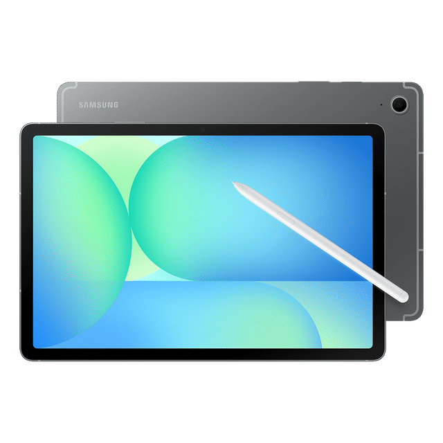 Samsung Galaxy Tab S10 FE Plus tablet with stylus pen and vibrant display in gray color