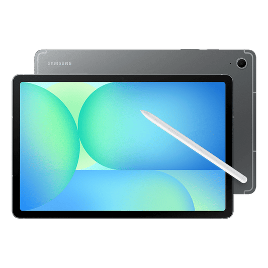 Samsung Galaxy Tab S10 FE Plus tablet with stylus pen and vibrant display in gray color