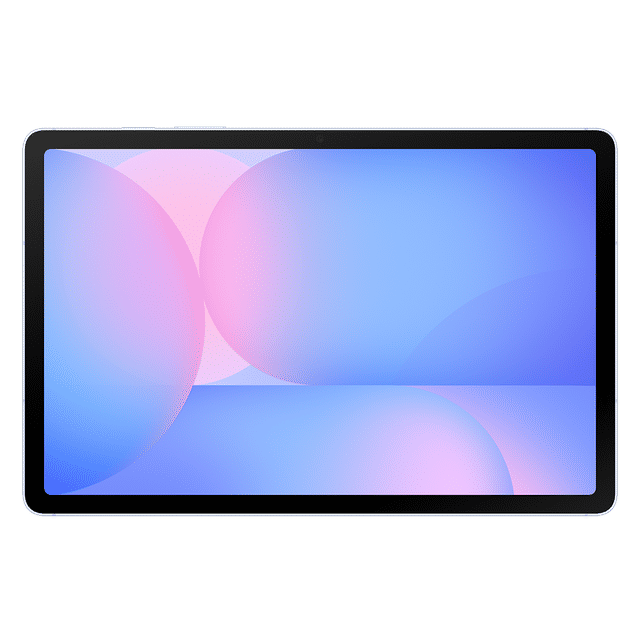 Samsung Galaxy Tab S10 FE Plus with large display showing pastel blue and pink abstract wallpaper