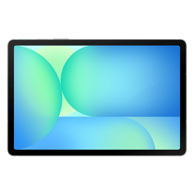 Samsung Galaxy Tab S10 FE Plus tablet with vibrant blue and green abstract display on screen