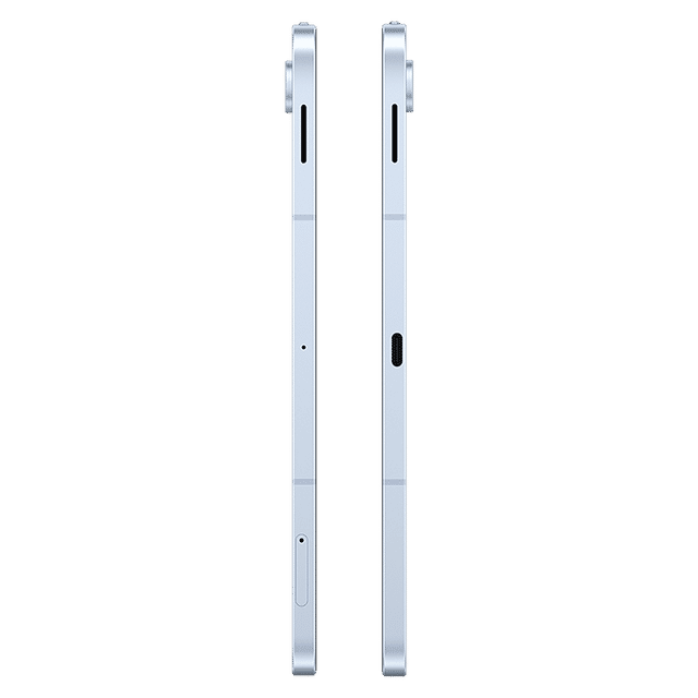 Side view of Samsung Galaxy Tab S10 FE Plus showing slim profile and camera bump in silver color