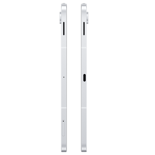 Side view of silver Samsung Galaxy Tab S10 FE Plus showing slim profile and button placements