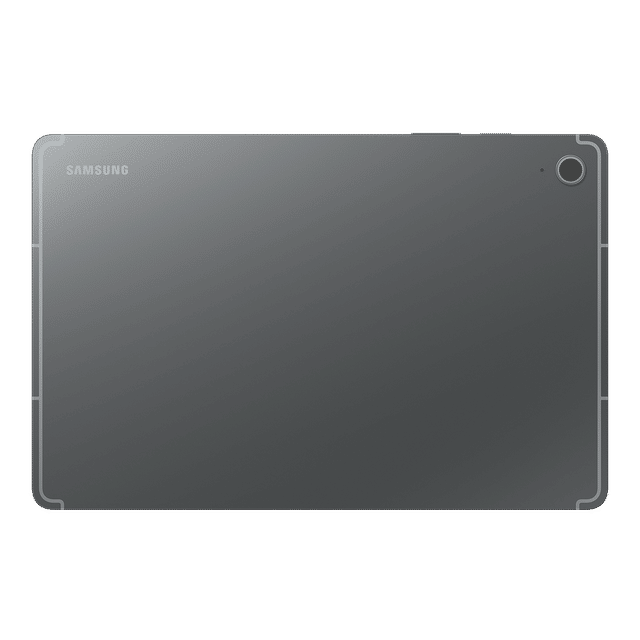Back view of Samsung Galaxy Tab S10 FE tablet showing dark gray body with rear camera and Samsung logo