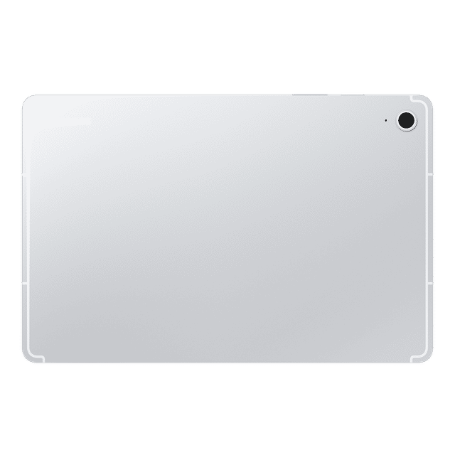 Back view of Samsung Galaxy Tab S10 FE tablet in silver with rear camera and sleek design