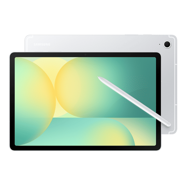 Front and back view of Samsung Galaxy Tab S10 FE tablet with white stylus pen