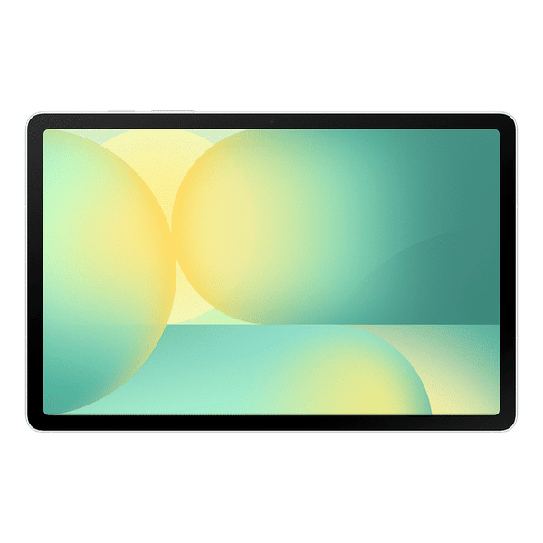 Samsung Galaxy Tab S10 FE tablet with large screen and slim black bezel against black background