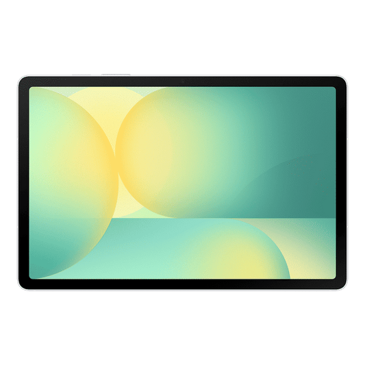 Samsung Galaxy Tab S10 FE tablet with large screen and slim black bezel against black background