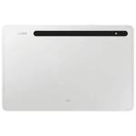 Back view of Samsung Galaxy Tab S8 5G tablet in white showing camera and speaker strip