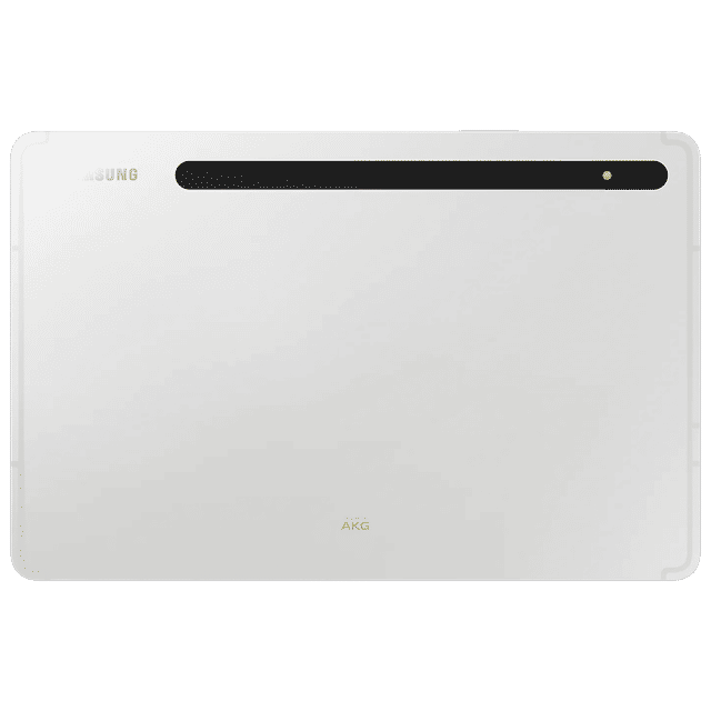 Back view of Samsung Galaxy Tab S8 5G tablet in white showing camera and speaker strip