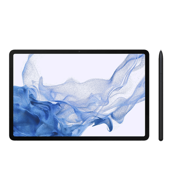 Samsung Galaxy Tab S8 5G tablet front view with black stylus pen on black background