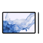 Samsung Galaxy Tab S8 5G tablet front view with black stylus pen on black background